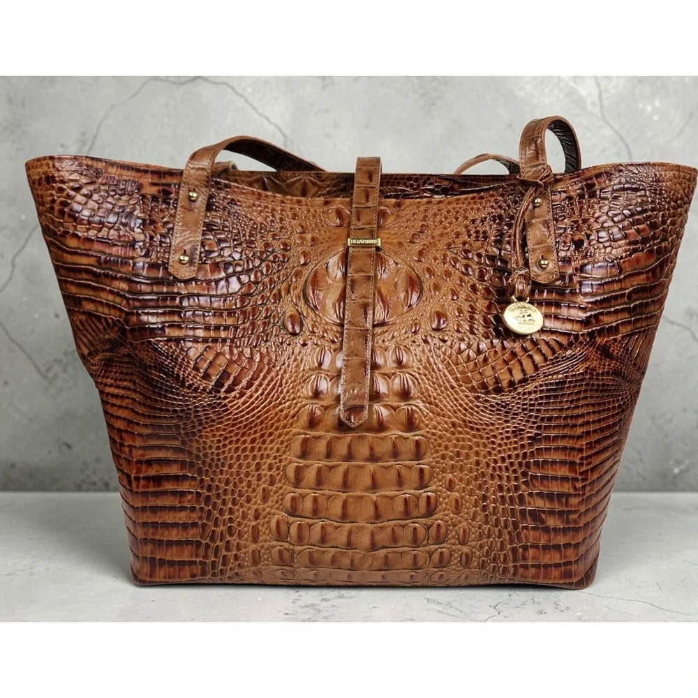 Brahmin All Day Tote Toasted Almond Croc Embossed Leather Large Shoulder Bag - Picture 2 of 14